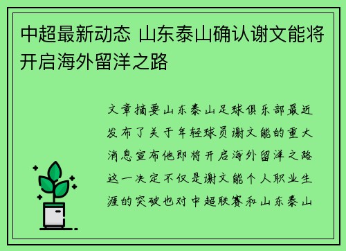 中超最新动态 山东泰山确认谢文能将开启海外留洋之路
