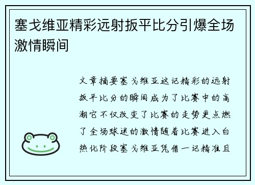塞戈维亚精彩远射扳平比分引爆全场激情瞬间